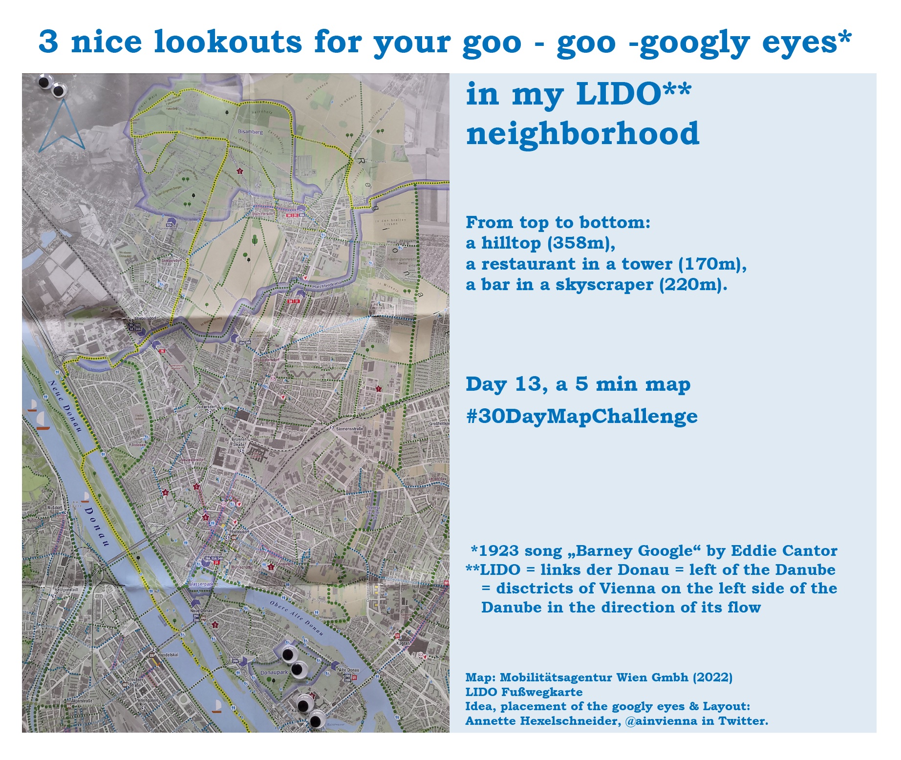 #30DayMapChallenge Kreativität 5min Map 3 Kulleraugen auf einen gedruckten Fußgehplan Wien links der Donau